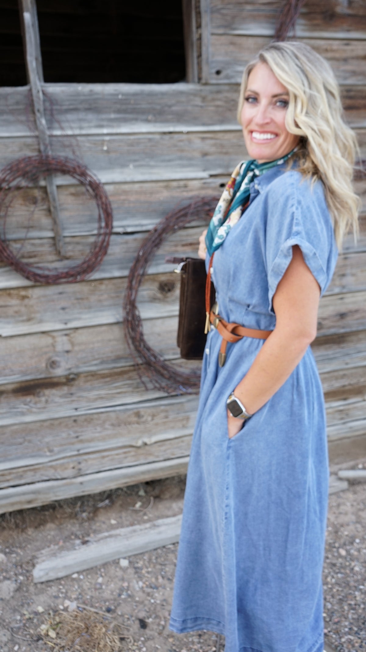 Denim Waist-Difing Pleats Midi Dress