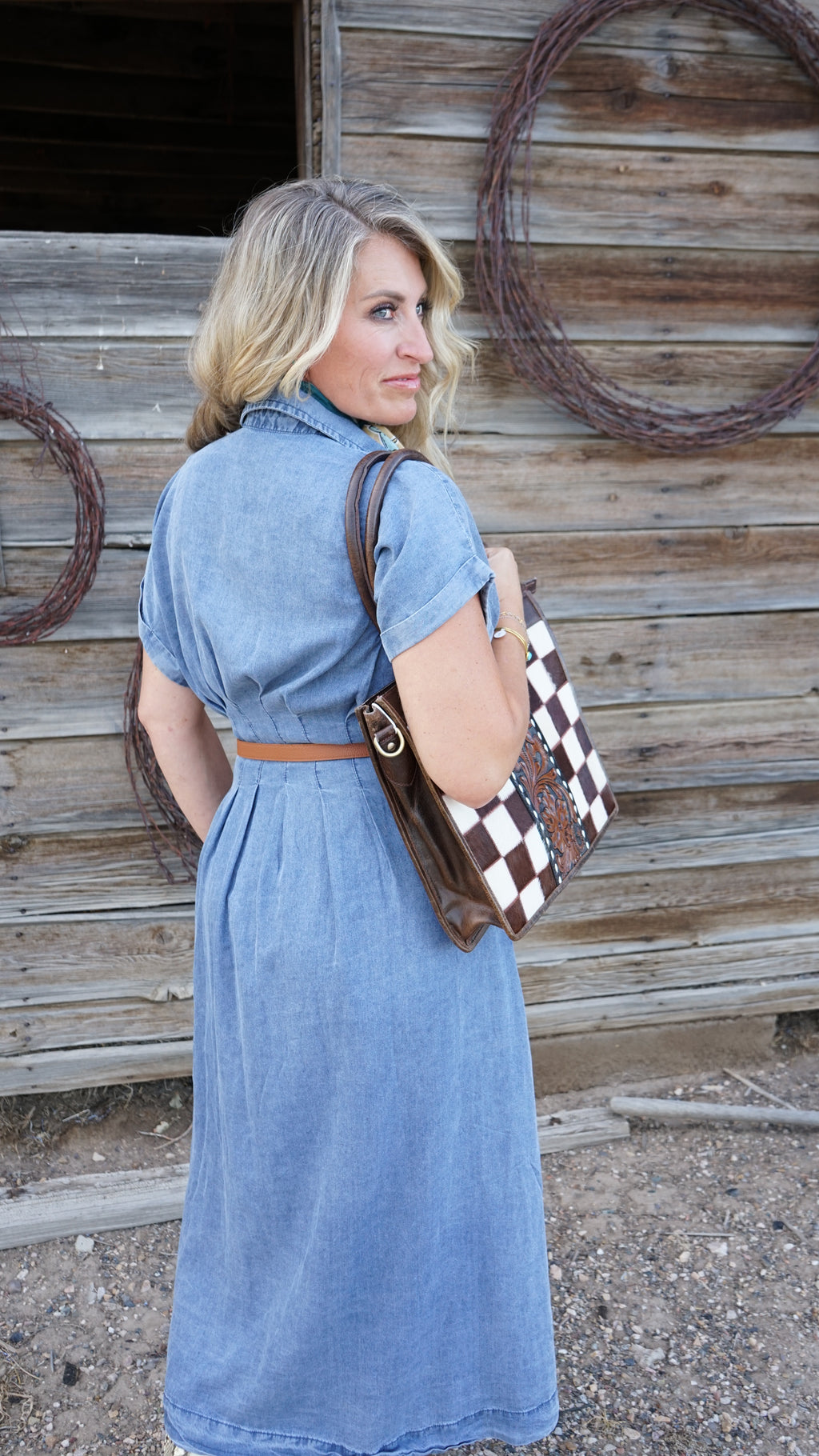 Denim Waist-Difing Pleats Midi Dress
