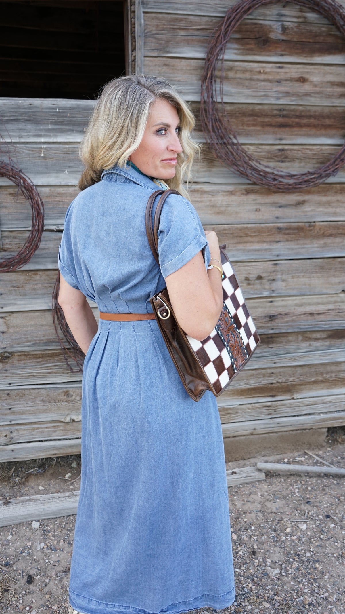 Denim Waist-Difing Pleats Midi Dress