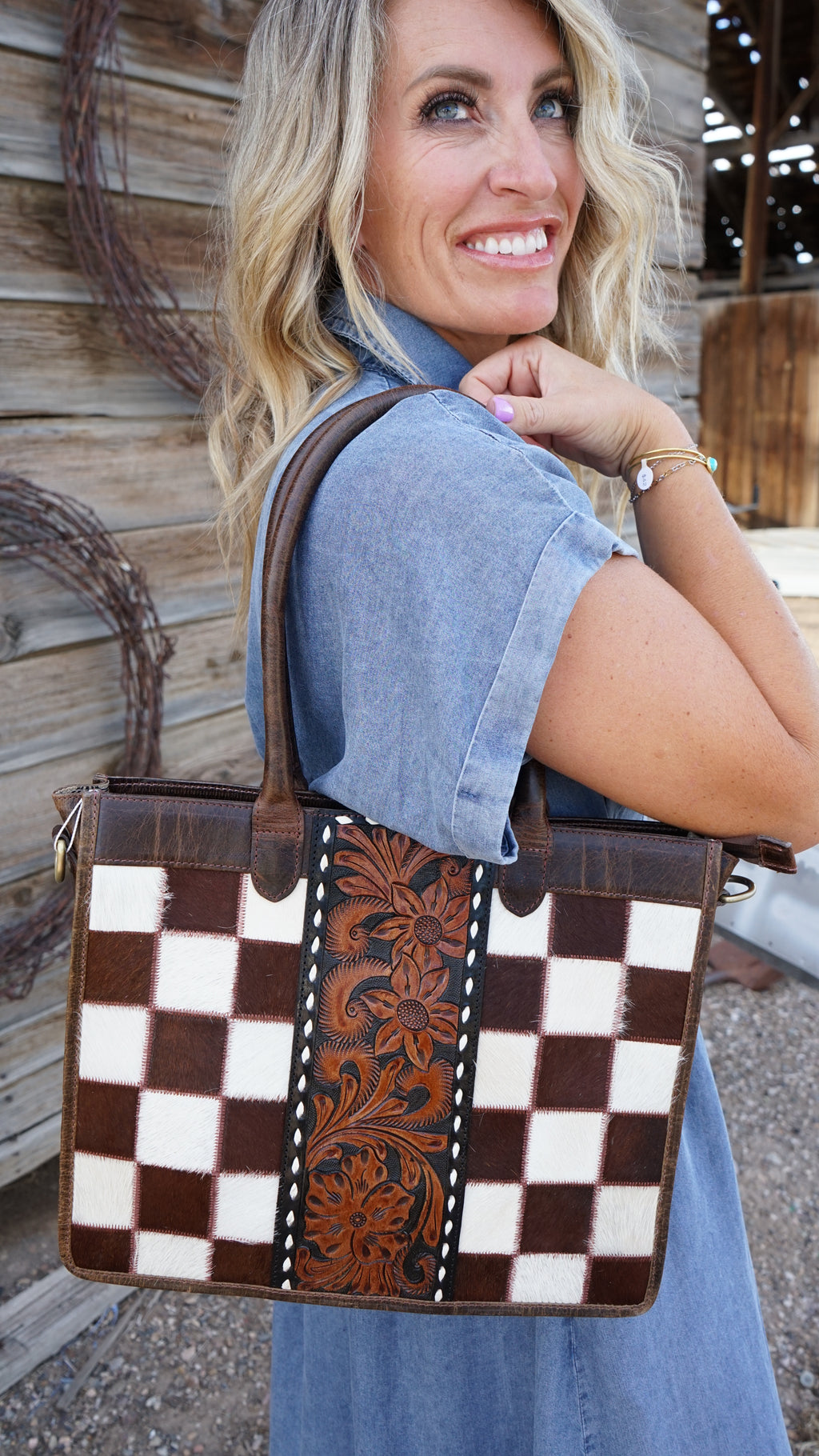 Wynonna Cowhide Checkered Tote Handbag