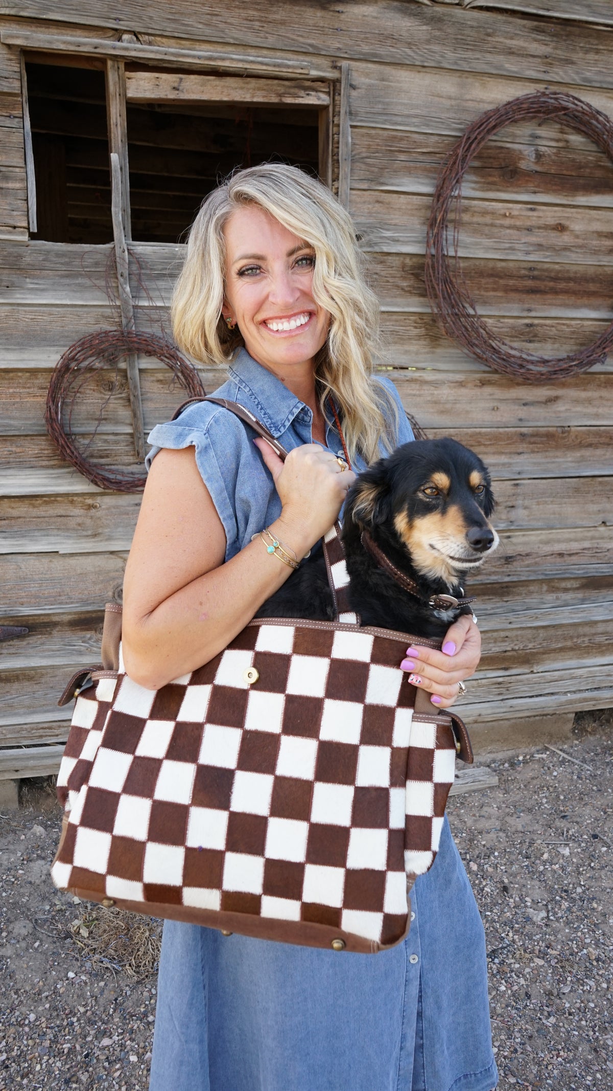 The Homestead Cowhide Checkered Tote Carryall: Brown