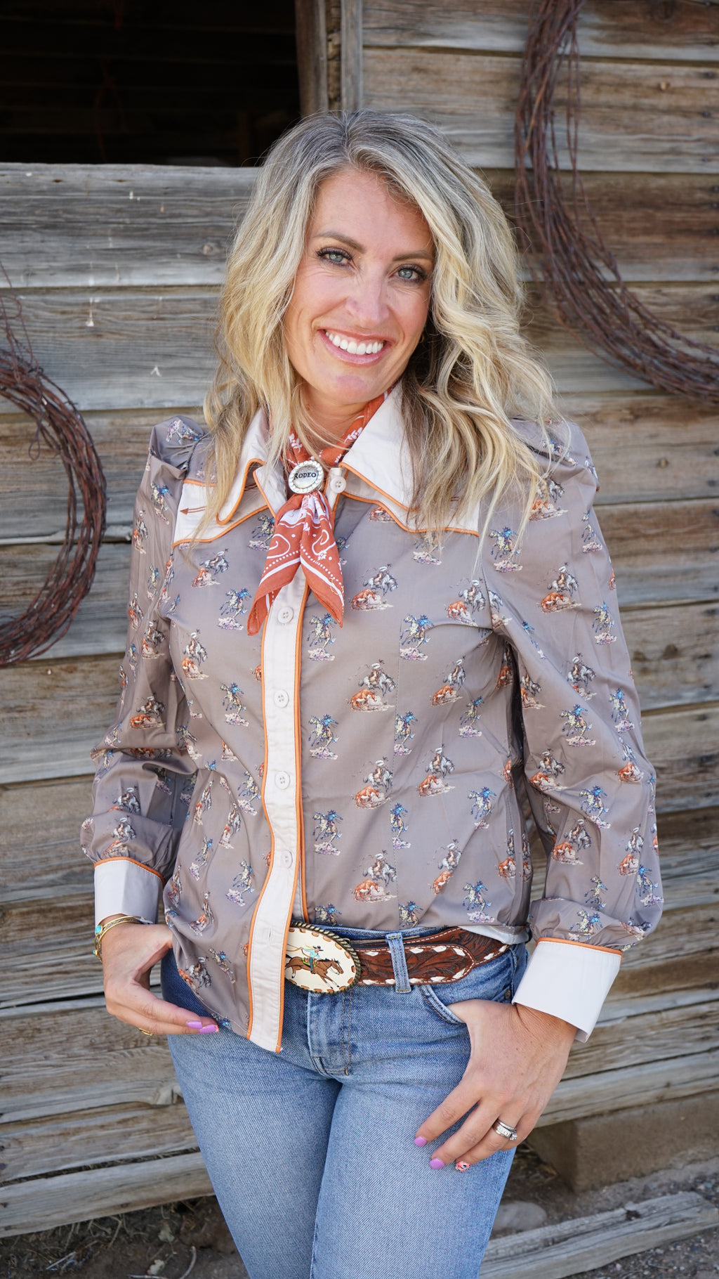Cowgirl Printed Puff Sleeve Button Down Shirt