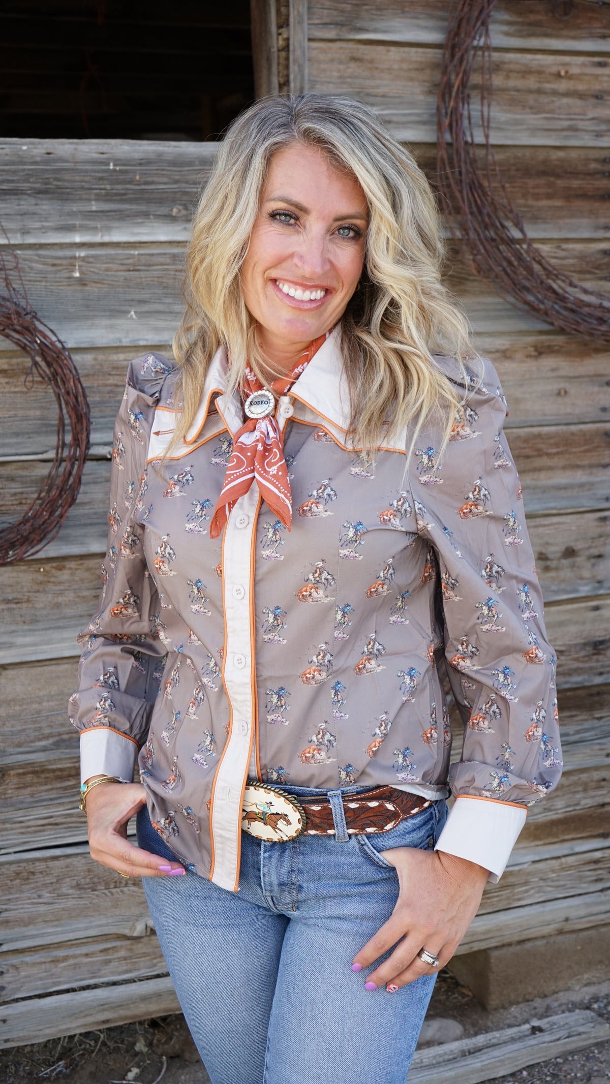 Cowgirl Printed Puff Sleeve Button Down Shirt