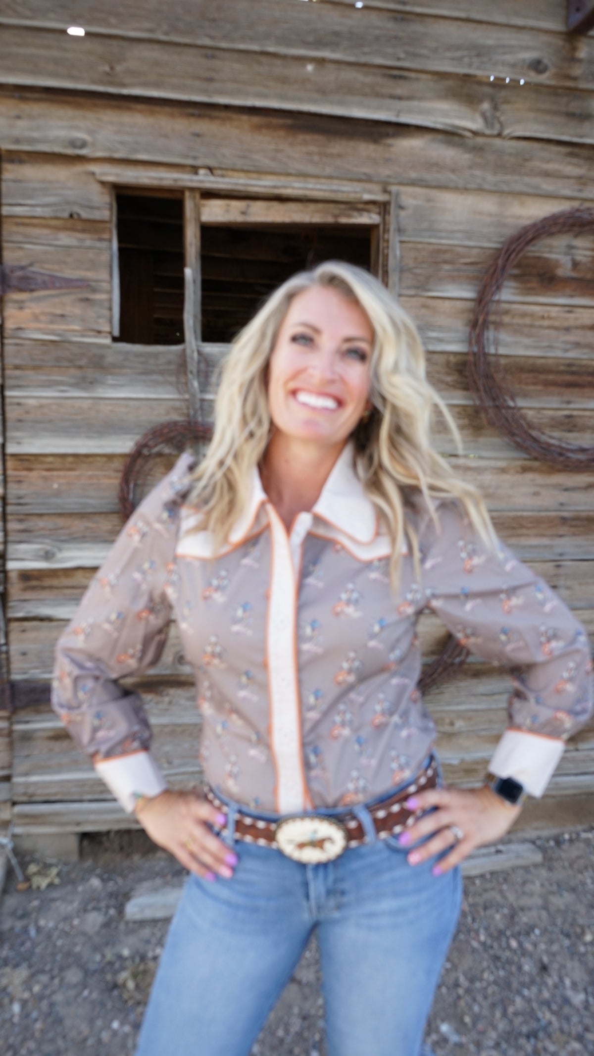 Cowgirl Printed Puff Sleeve Button Down Shirt