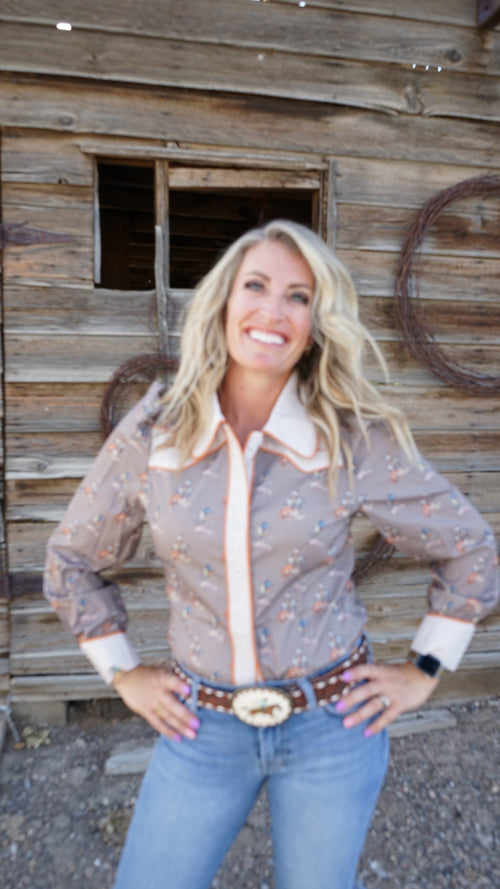 Cowgirl Printed Puff Sleeve Button Down Shirt