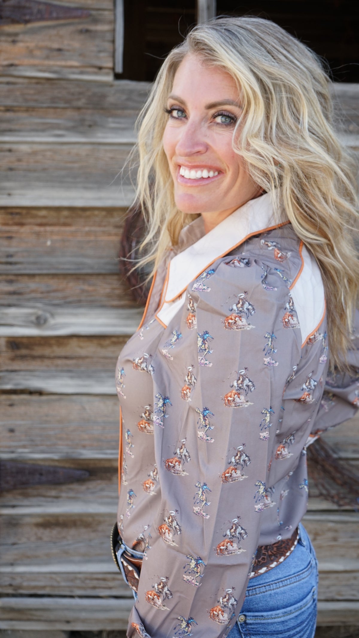 Cowgirl Printed Puff Sleeve Button Down Shirt