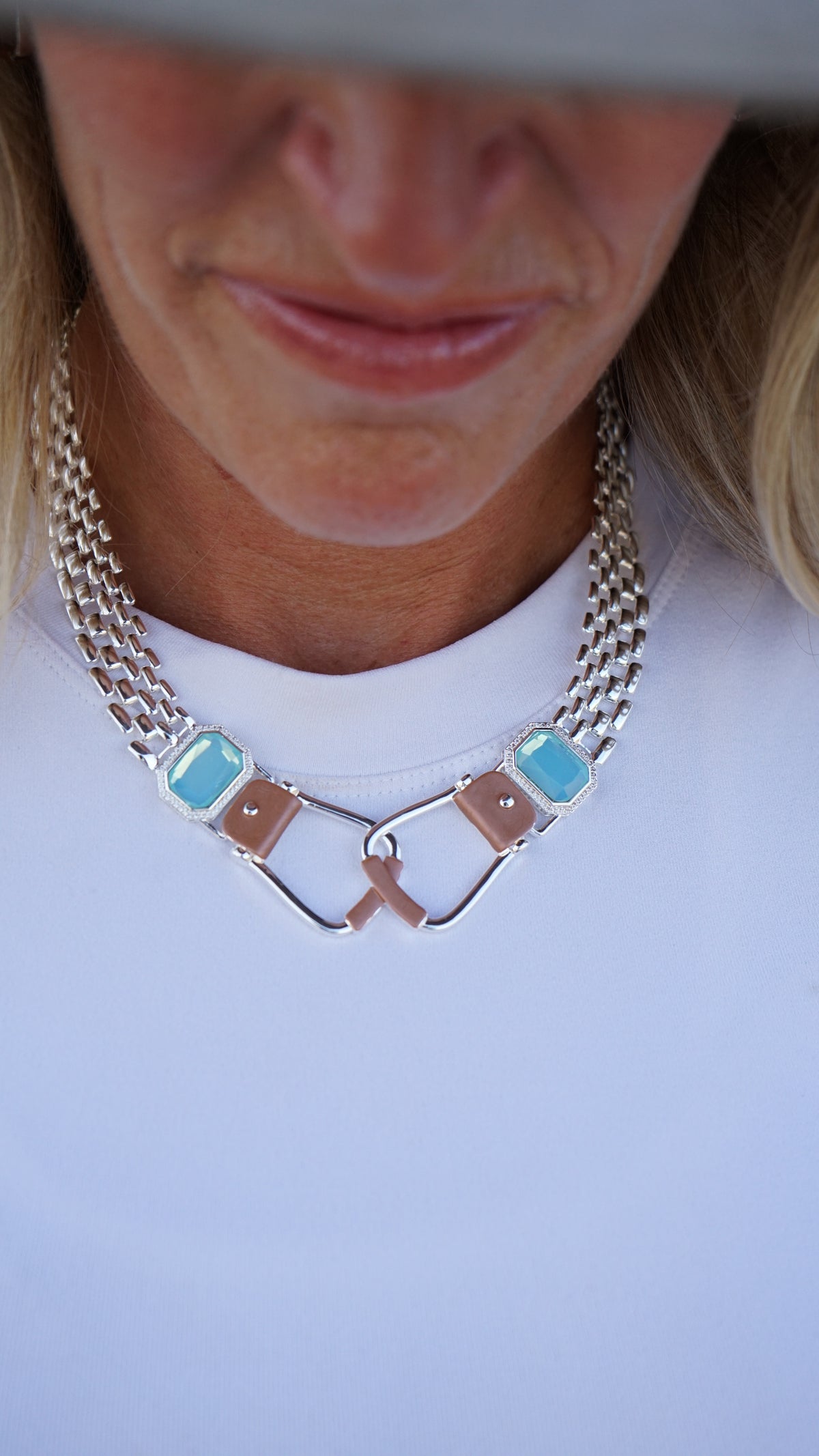 Bold Western Saddle Stirrup Necklace/Aqua stone w/toggle