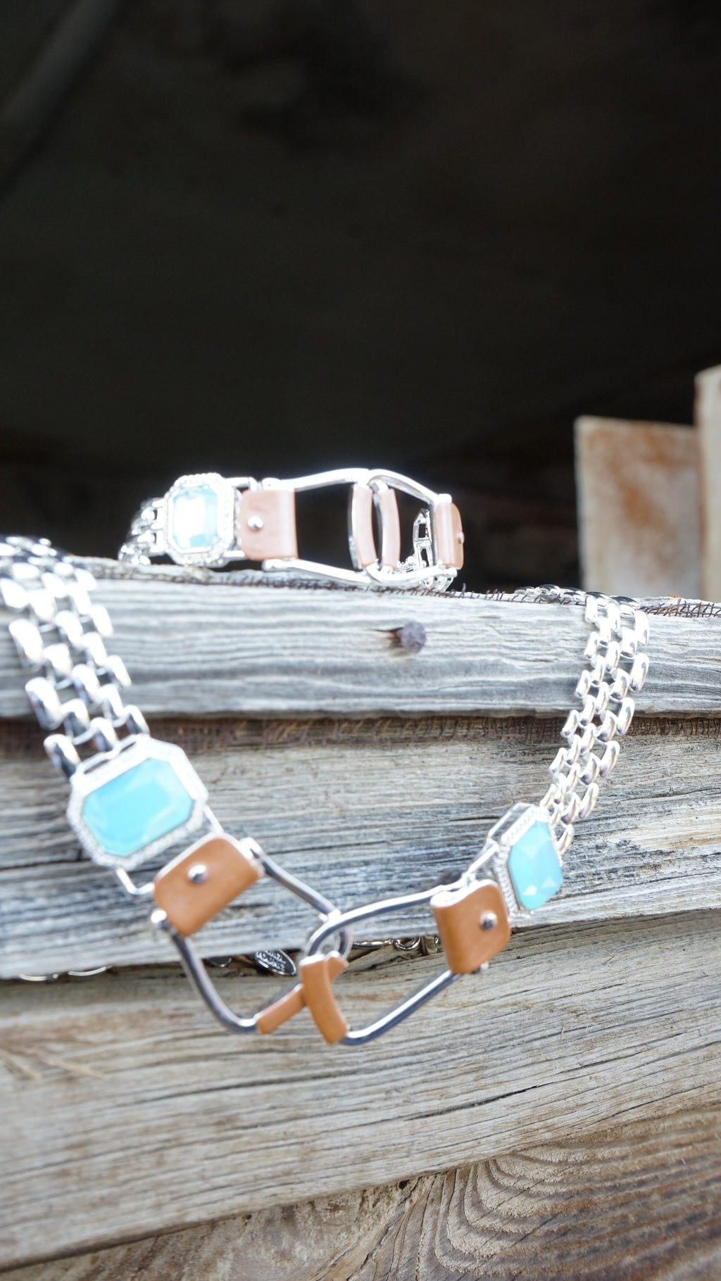 Bold Western Saddle Stirrup Bracelet/Aqua stone w/toggle