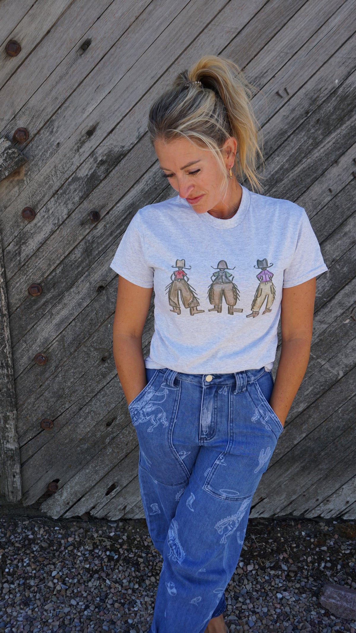 Western Print Barrel Leg Denim Jeans