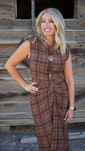 Fall Ruched Sleeveless Plaid Dress