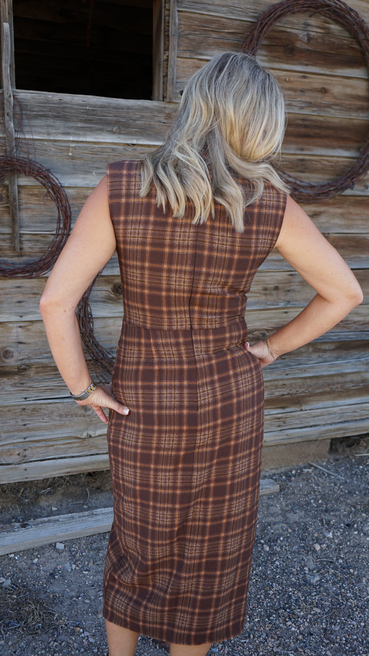Fall Ruched Sleeveless Plaid Dress
