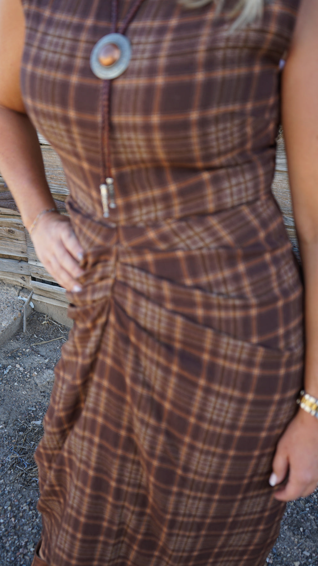 Fall Ruched Sleeveless Plaid Dress