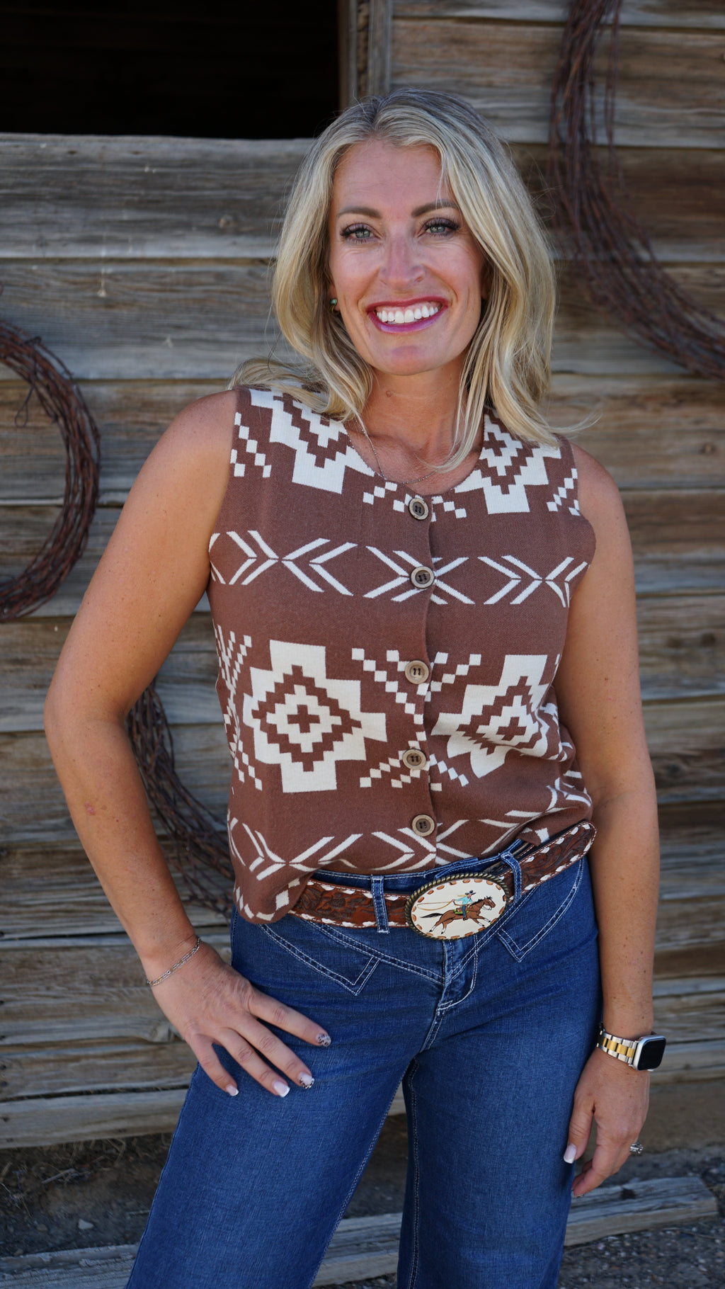 Western Geometric Pattern Sleeveless Knit Sweater Vest