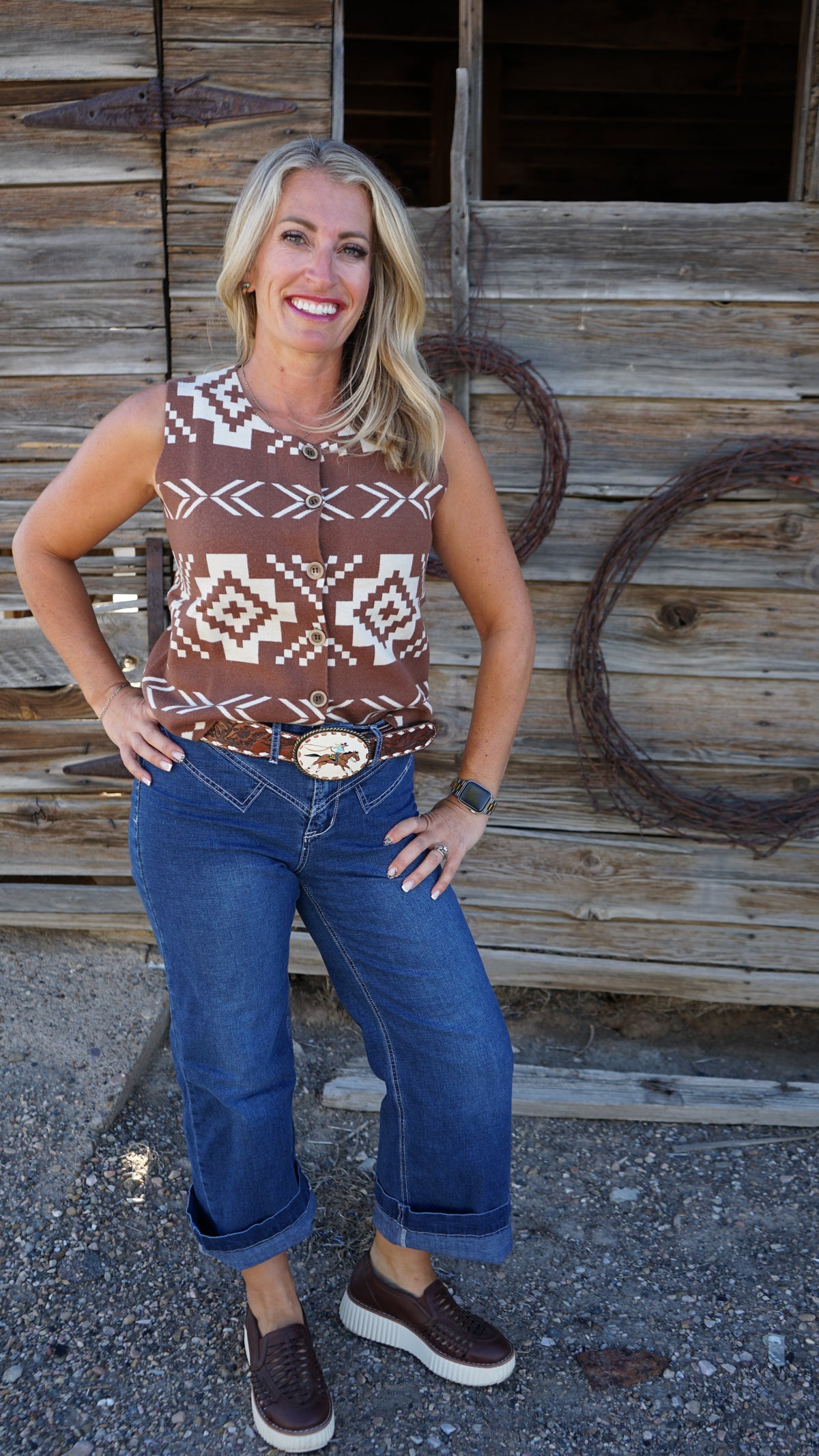 Western Geometric Pattern Sleeveless Knit Sweater Vest