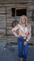 Brown Floral Lace Trim Button Down Long Sleeve