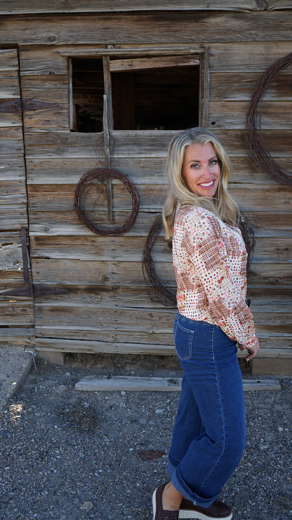 Brown Floral Lace Trim Button Down Long Sleeve