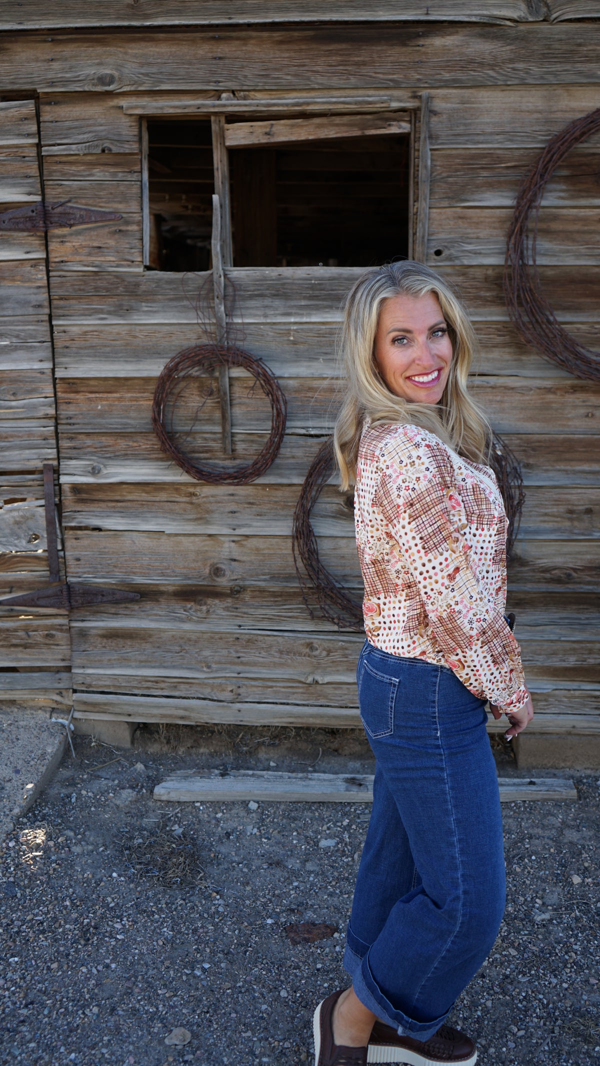 Brown Floral Lace Trim Button Down Long Sleeve