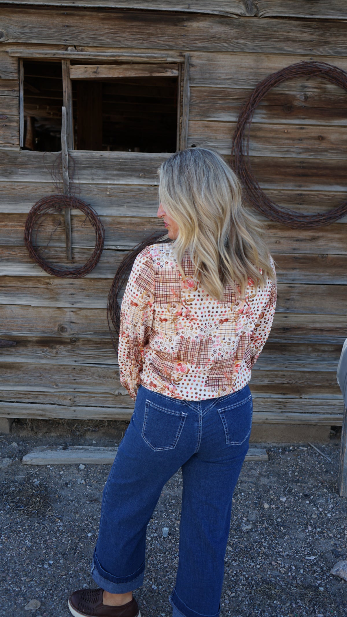 Brown Floral Lace Trim Button Down Long Sleeve