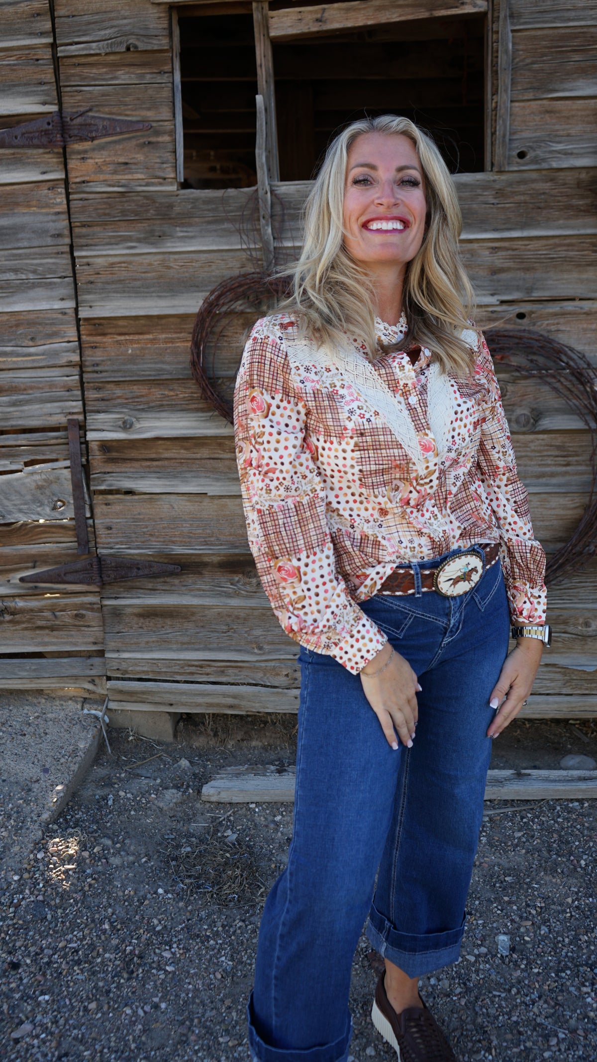 Brown Floral Lace Trim Button Down Long Sleeve