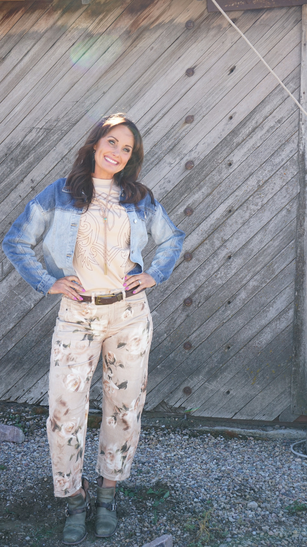 Floral Straight Leg Jeans Vintage Ankle Denim Pants