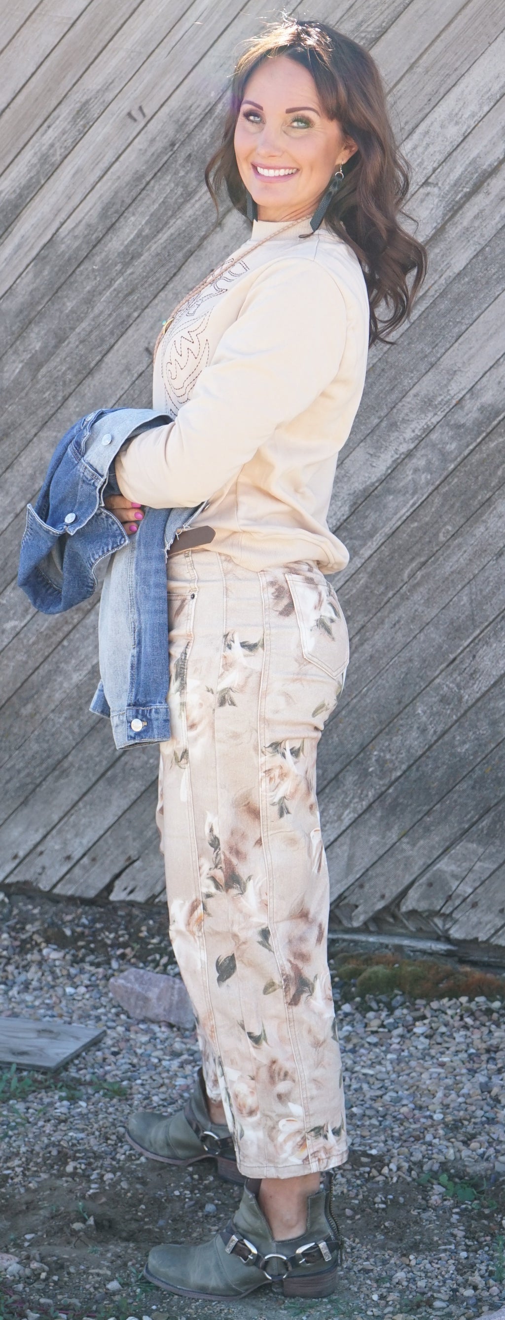 Floral Straight Leg Jeans Vintage Ankle Denim Pants