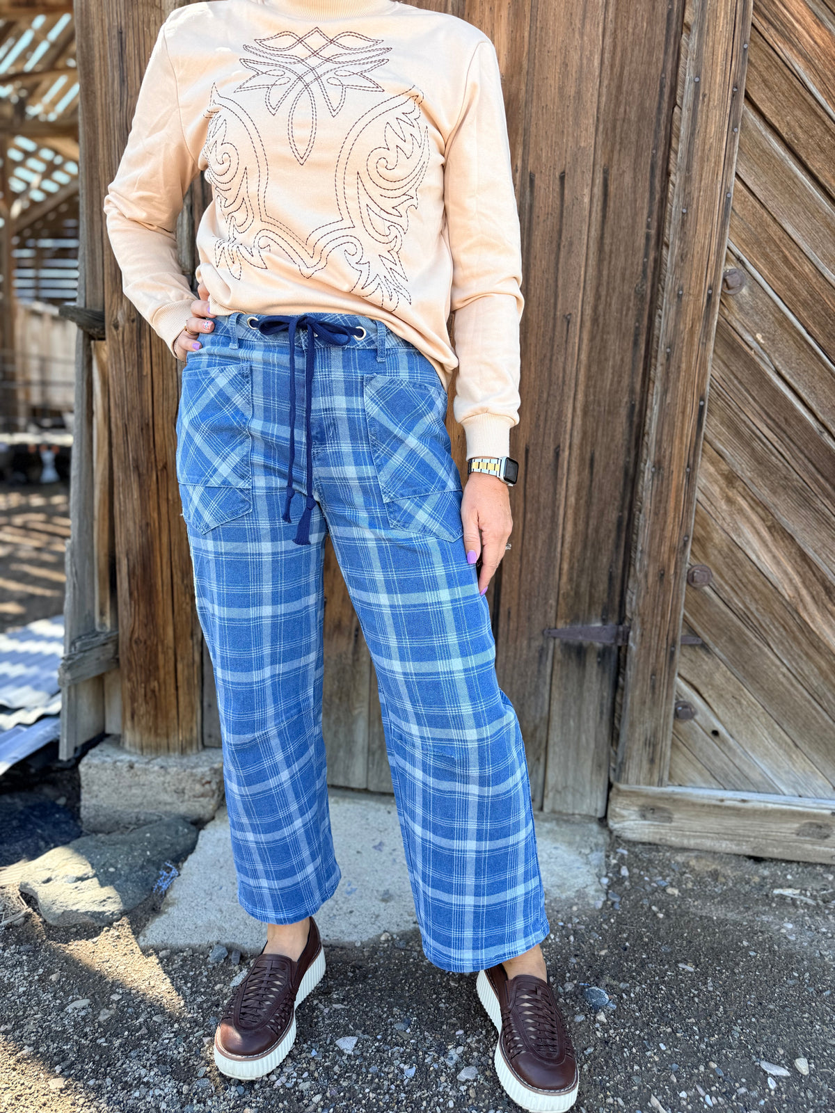 Plaid Pixie Party Denim Pants |Sky Blue