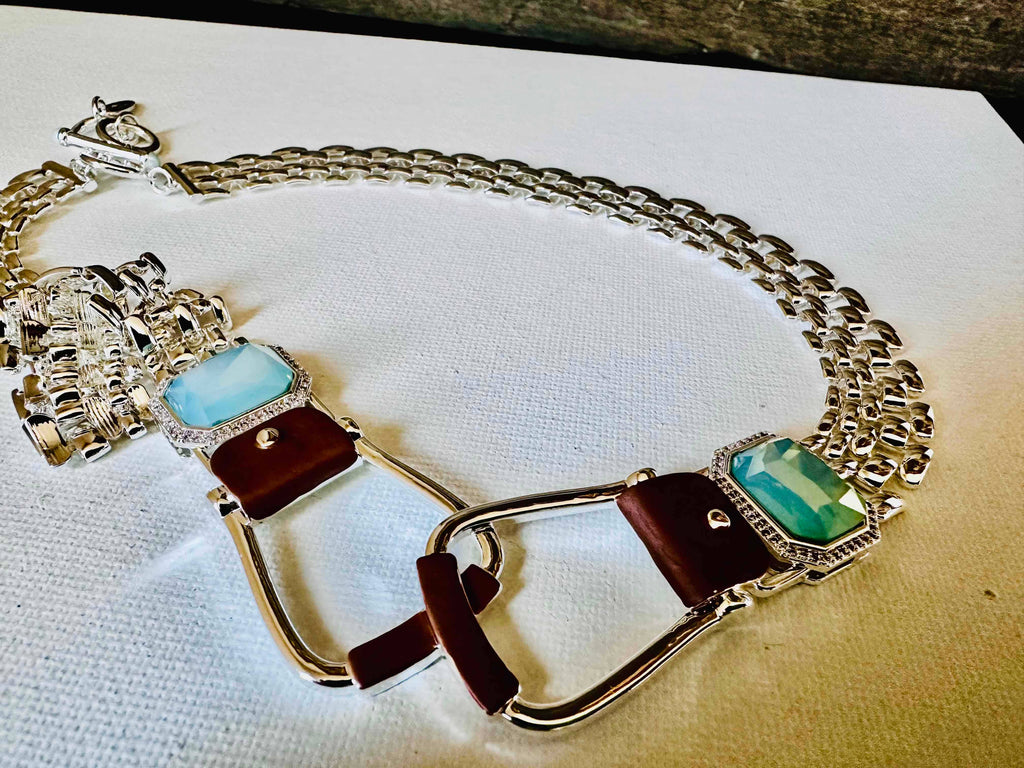 Bold Western Saddle Stirrup Necklace/Aqua stone w/toggle
