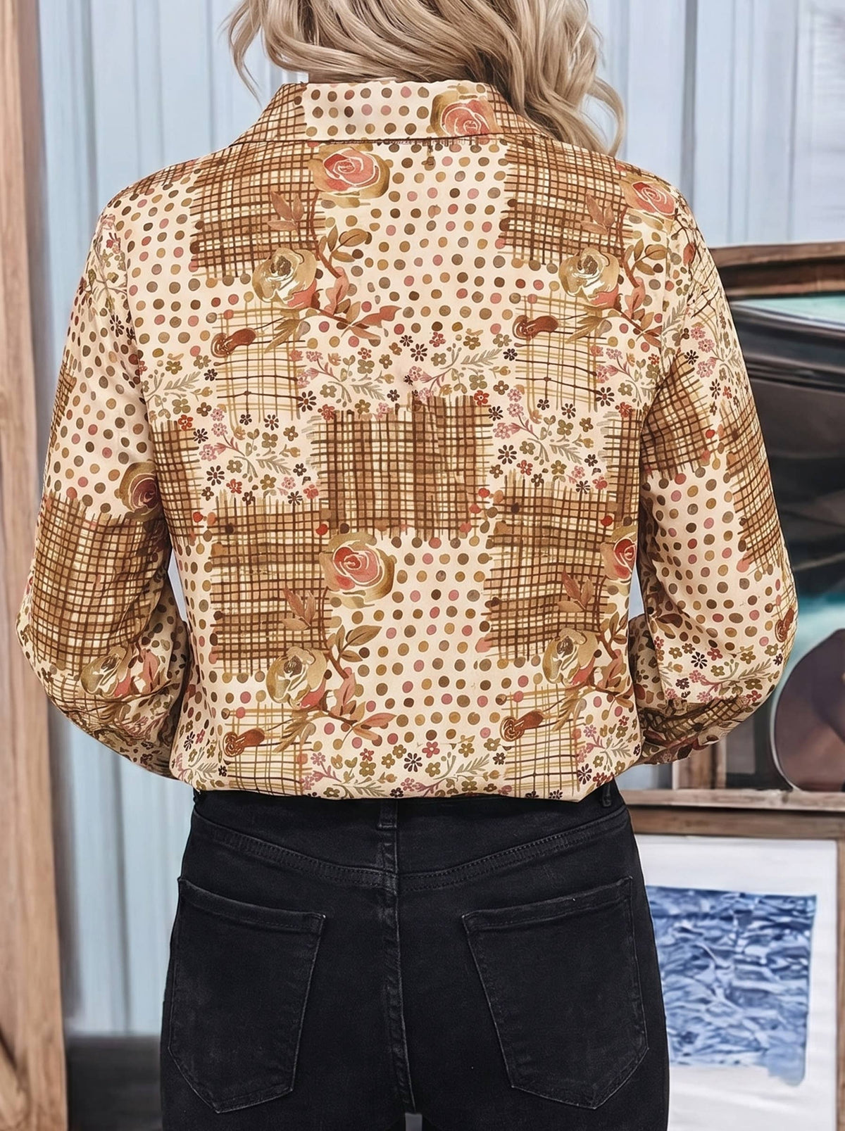 Brown Floral Lace Trim Button Down Long Sleeve