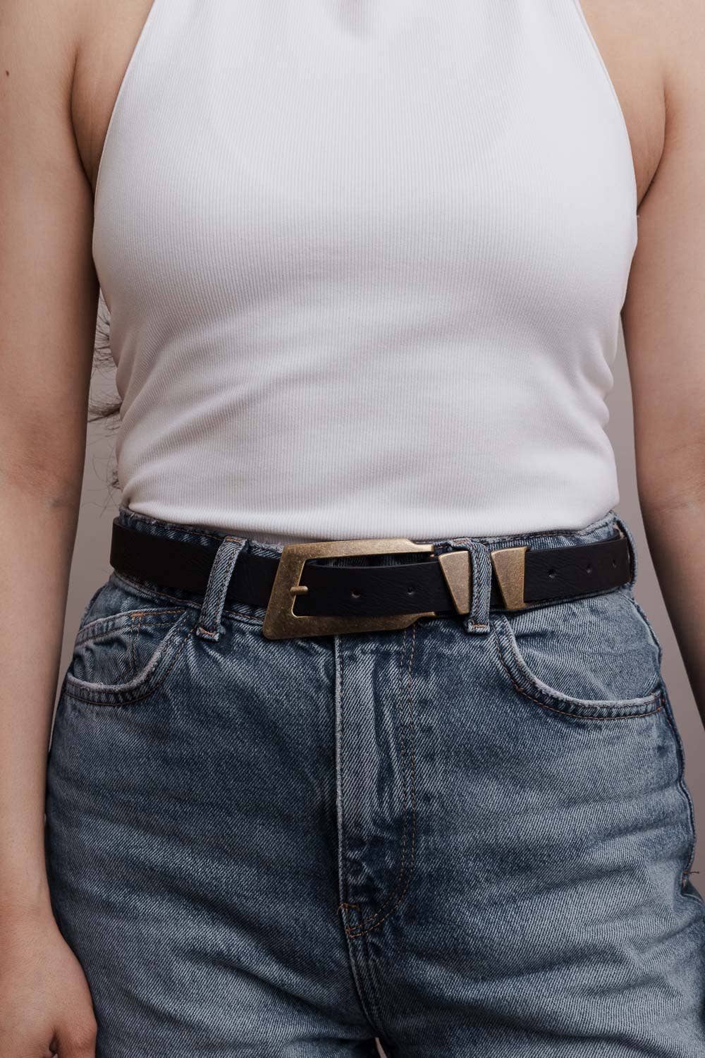 Rectangular Buckle Vegan Leather Belt - Contemporary Western: Dark Brown