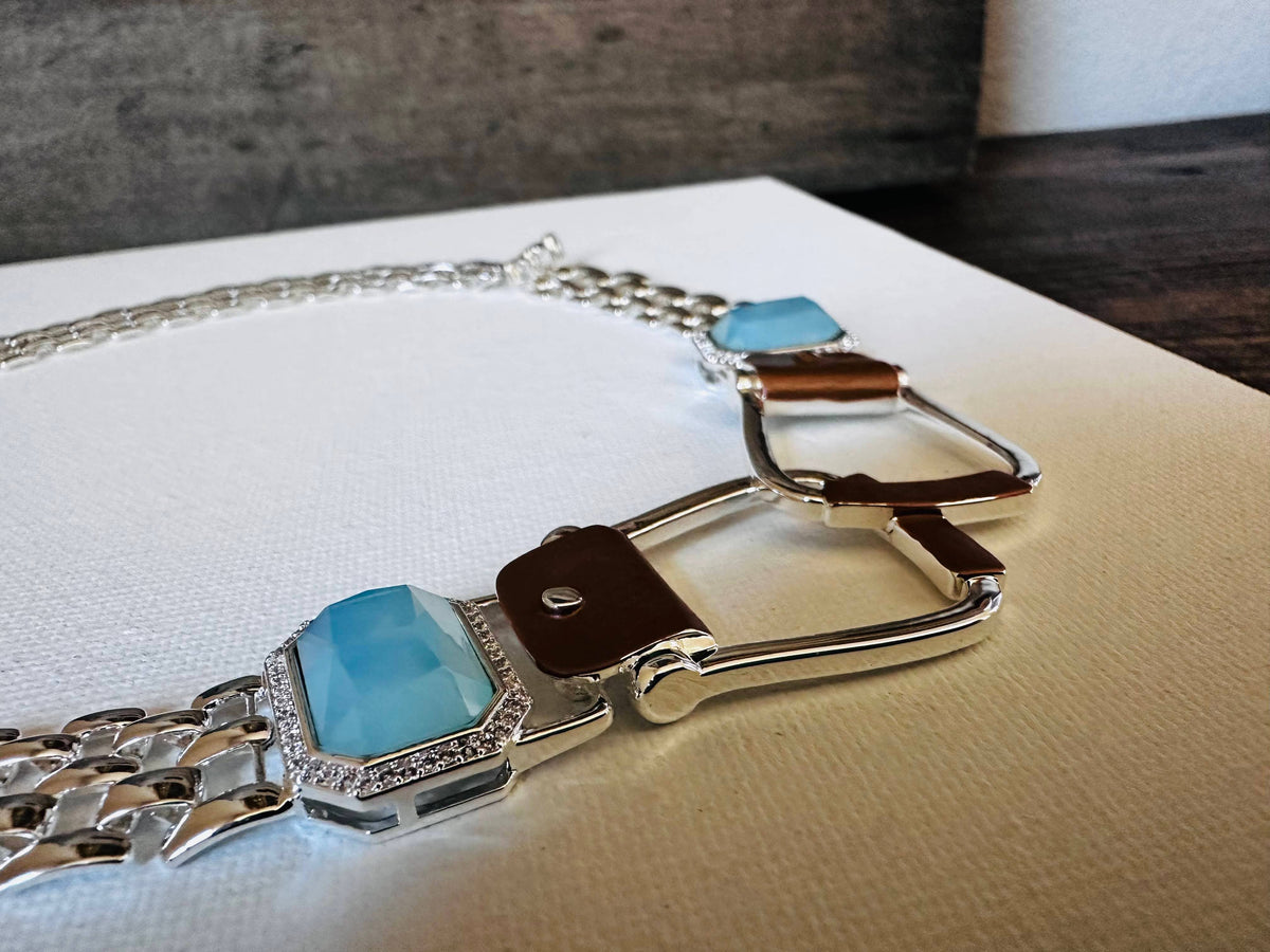 Bold Western Saddle Stirrup Necklace/Aqua stone w/toggle