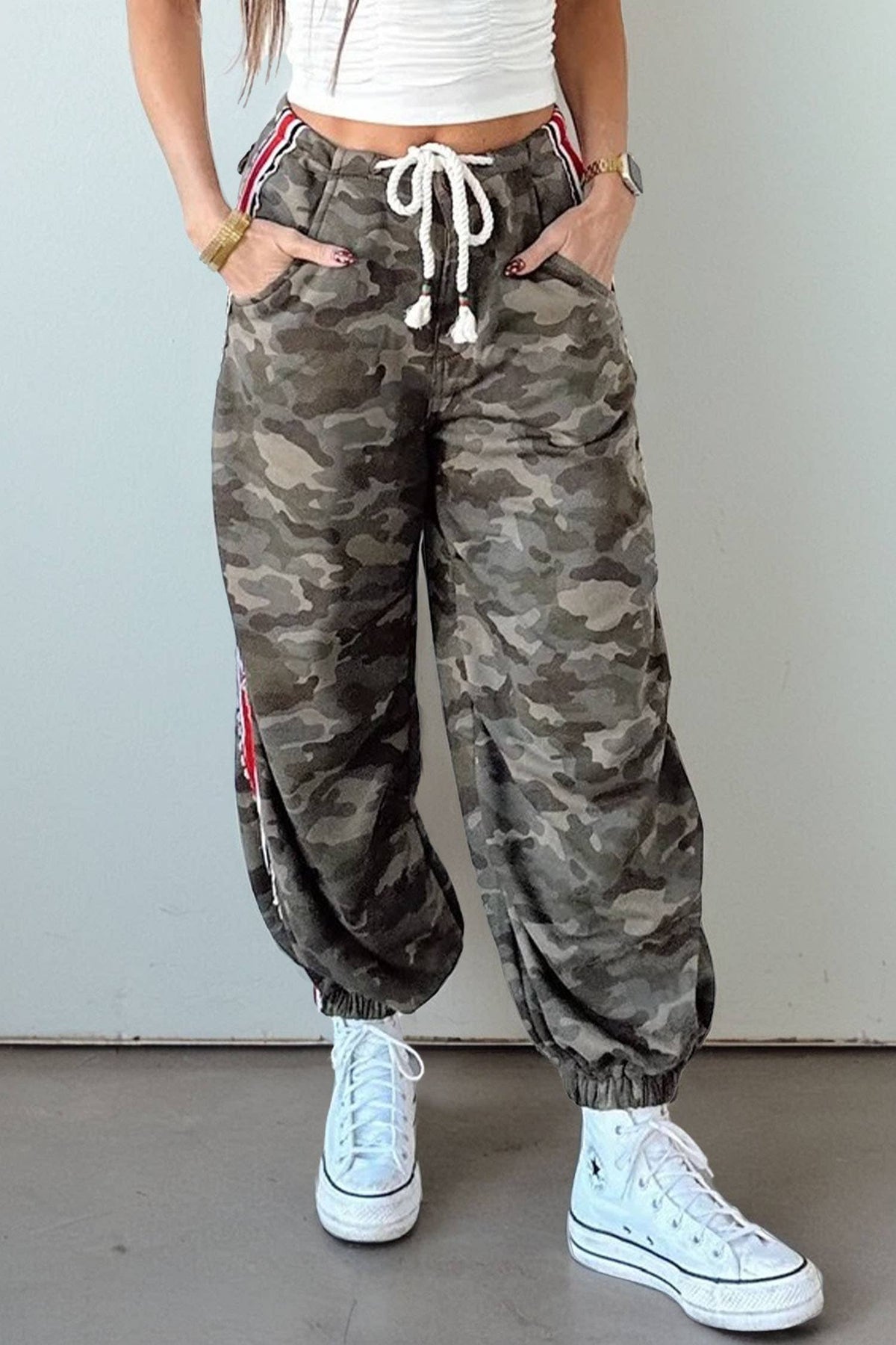 Western Camouflage Striped Panel Patchwork Drawstring Pants