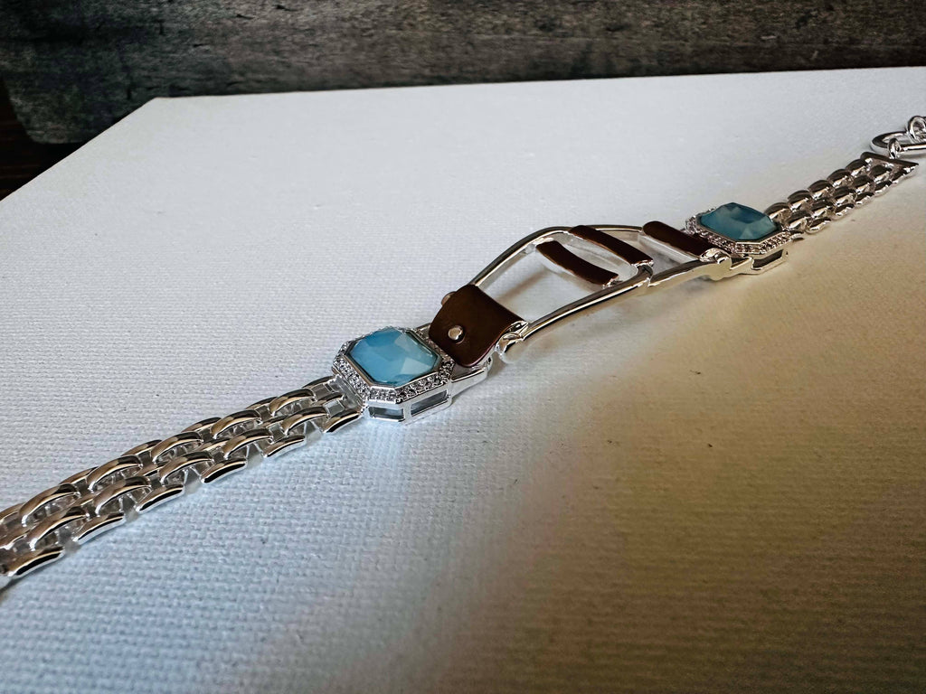 Bold Western Saddle Stirrup Bracelet/Aqua stone w/toggle
