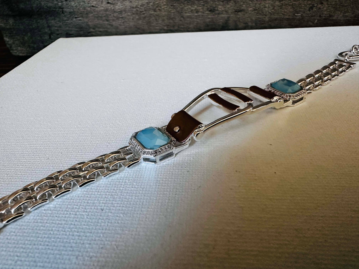 Bold Western Saddle Stirrup Bracelet/Aqua stone w/toggle
