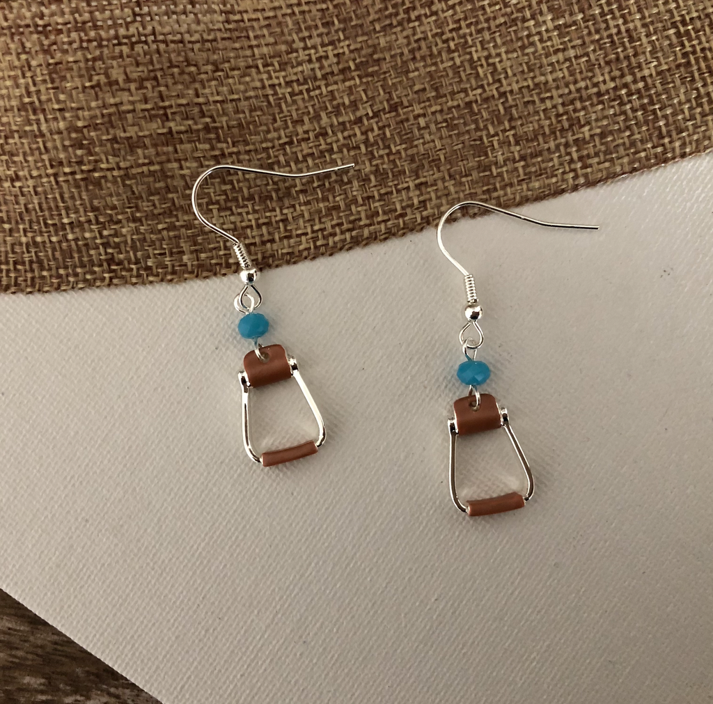 Saddle Stirrup Earrings on WIRE with AQUA Bead Jewelry