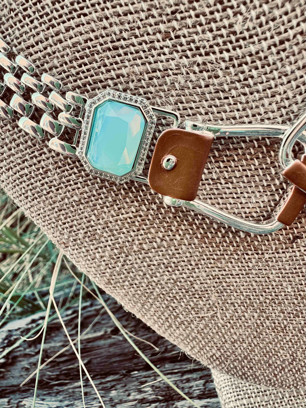 Bold Western Saddle Stirrup Necklace/Aqua stone w/toggle