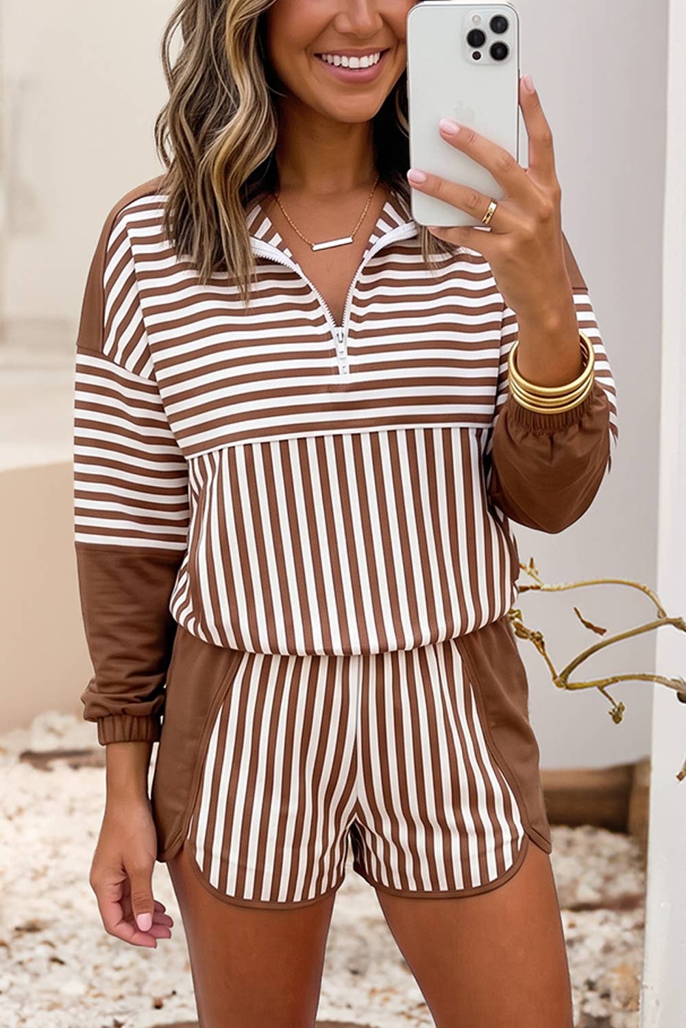 Striped Two Piece Long Sleeve Shift Top Short Set: Brown Stripe