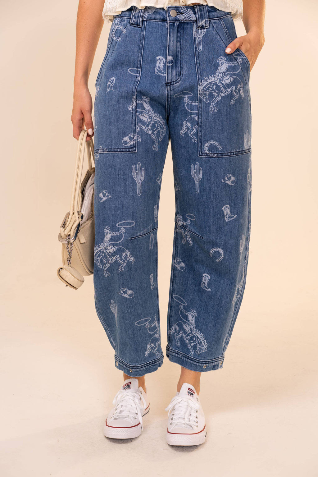 Western Print Barrel Leg Denim Jeans