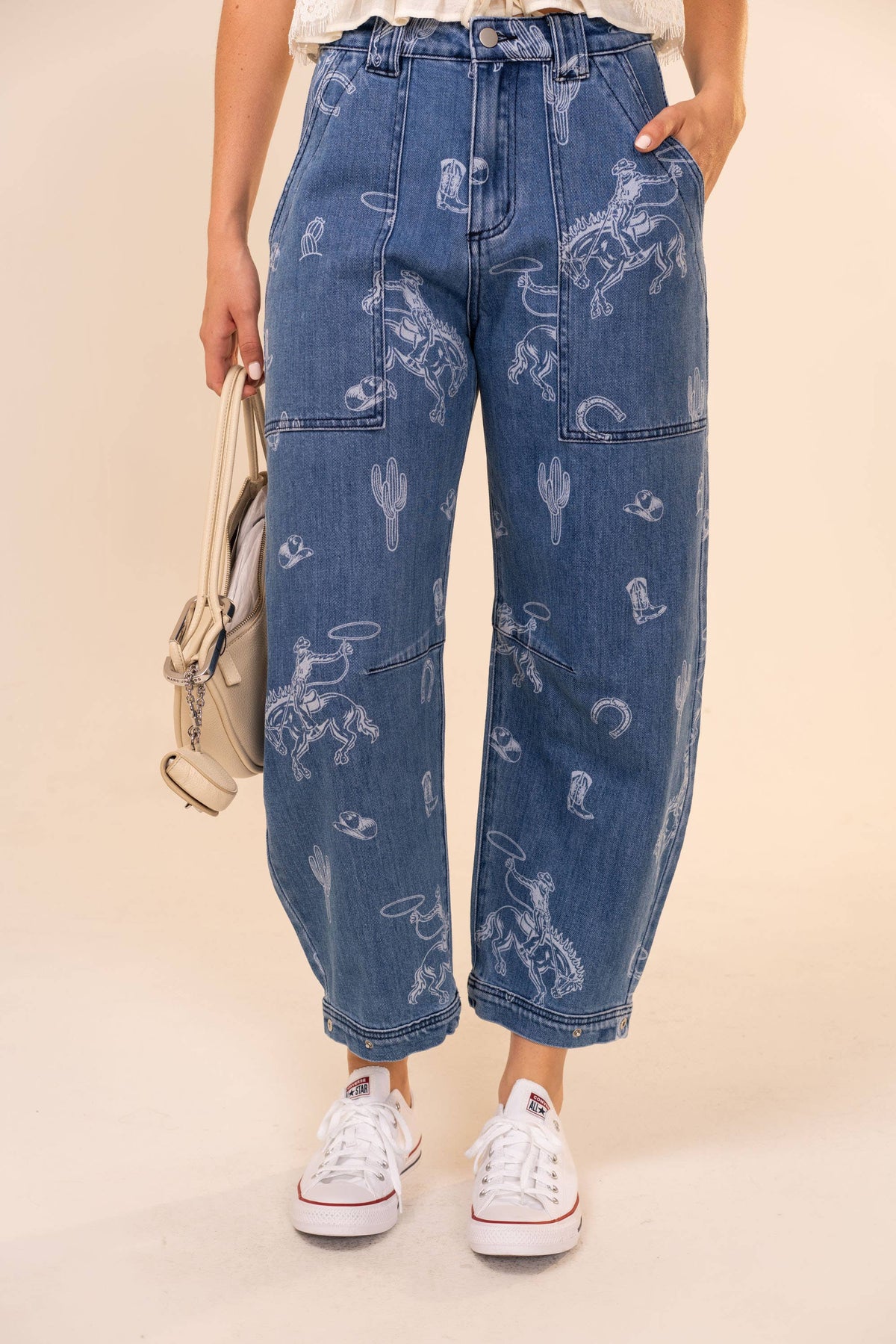 Western Print Barrel Leg Denim Jeans