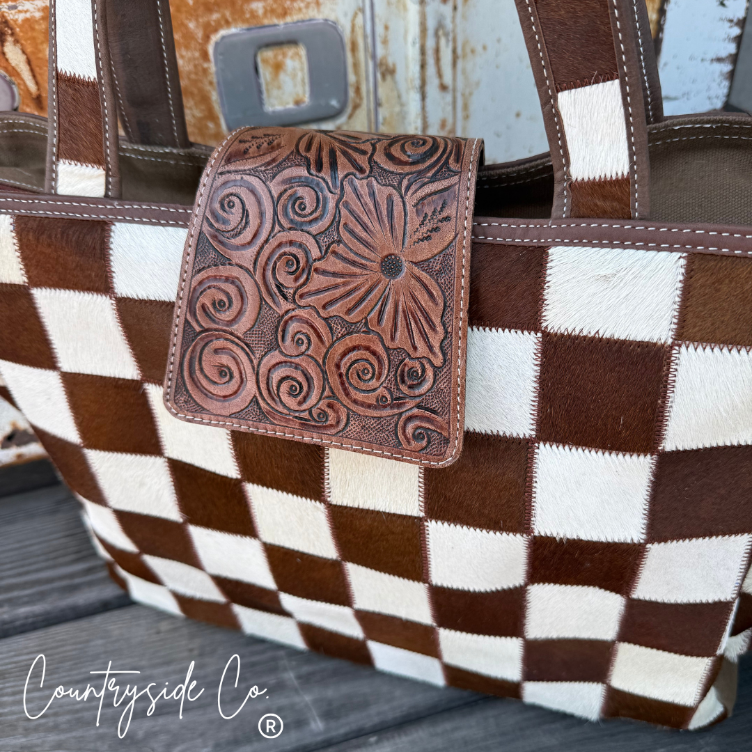 The Homestead Cowhide Checkered Tote Carryall: Brown