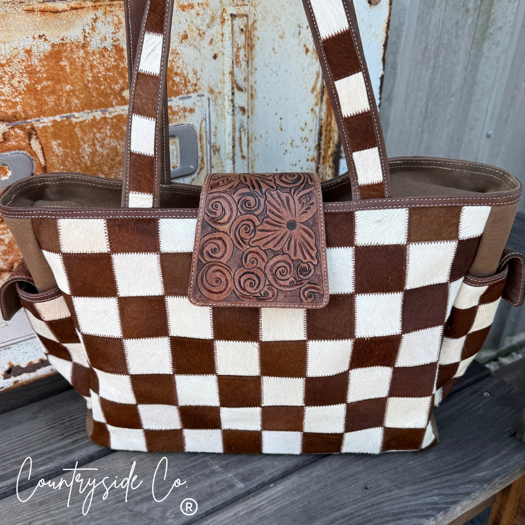 The Homestead Cowhide Checkered Tote Carryall: Brown