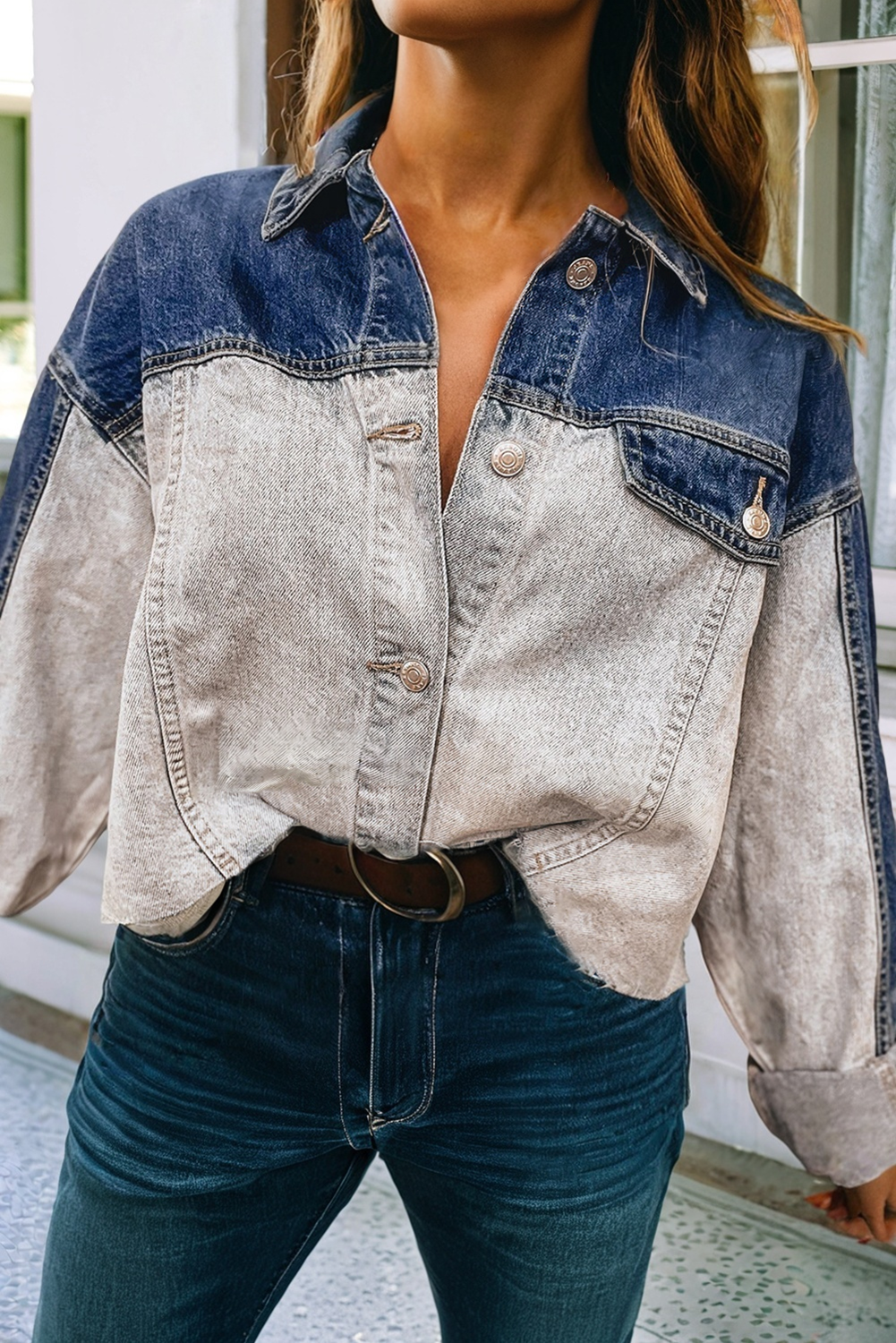 Color Block Patchwork Flap Detail Distress Denim Jacket: Dusk Blue