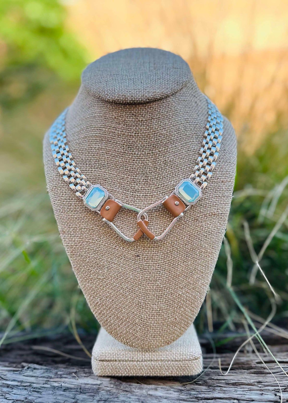 Bold Western Saddle Stirrup Necklace/Aqua stone w/toggle
